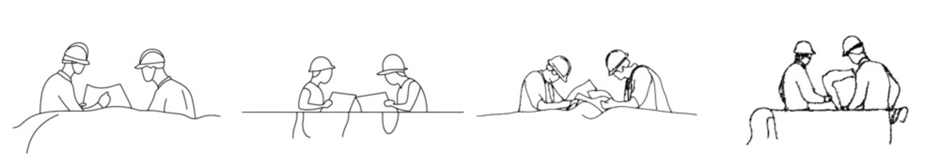 Aufkleber - Modern illustration isolated on white background of construction workers wearing helmets seated at meetings and discussing.