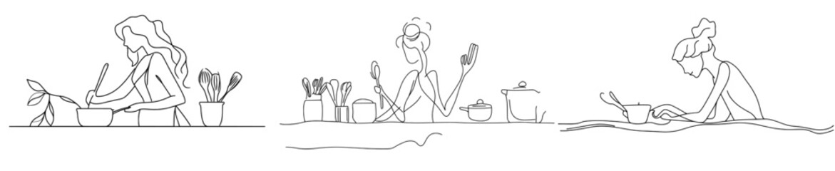 Wall Mural - Continually drawn seamless pattern of cooking. Background with empty spaces for text. Modern illustration.