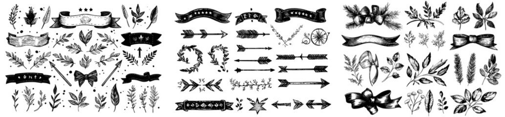 Aufkleber - Isolated modern symbols set with flower, heart, star, and curved lines. Vintage decorative doodles. Hand drawn ribbons, outline arrows, and doodle decorations for holiday cards.