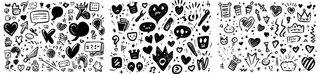 Aufkleber - Ink line arrow and flower calligraphy sign sketch. Decorative hand drawn shapes. Outline crown, doodle pointer and heart frame. Doodles lines elements, ink line arrow and flower calligraphy sign