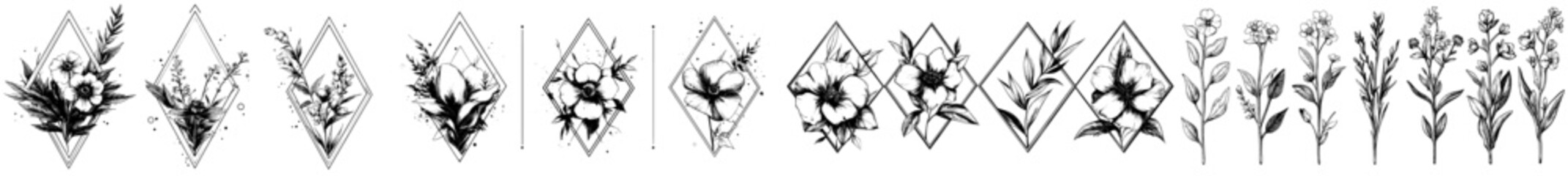 Aufkleber - Decorative floral geometric frames. A flower, leaf and branch wreath frame to decorate your wedding invitation. Flowers on borders, doodle logotype. Isolated modern icons.