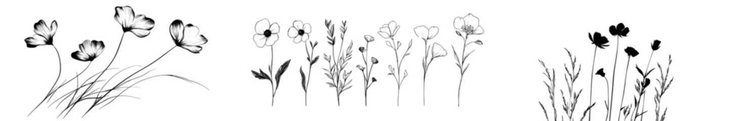 Aufkleber - Ink painting of abstract modern flowers silhouettes. Ink painting for design elements. Black isolated modern on white background.