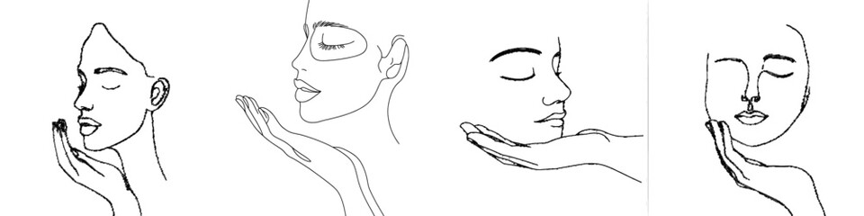 Aufkleber - One line drawing of a woman's face with her hand. A portrait with a minimalistic style.