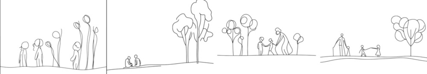 Fototapete - Drawing of a family, consisting of a father, mother, daughter, and son holding hands.