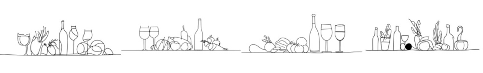 Aufkleber - In the background, there is a pattern depicting vegetables, fruits, meat and bakery products in a continuous drawing style. It is a modern illustration.