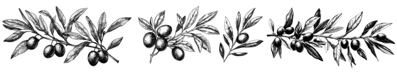 Poster - Modern illustration set of ripe agricultural plants or fruits isolated on white background with engraved olive branch. Diagrammatic illustration of leaves and blossoms of an olive branch.