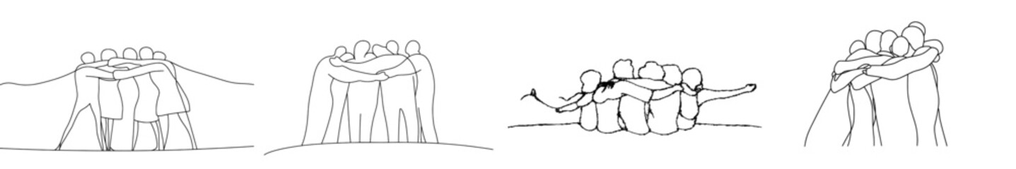 Aufkleber - One continuous line drawing about standing together as a group of men and women from multi-ethnicity showing their friendship bond. Unity in diversity concept one line draw design modern