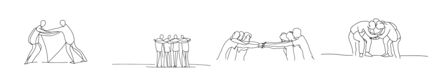 Aufkleber - In this single line drawing group of young business people join hands to form a circle. The continuous line drawing design is a modern illustration of teamwork and unity.