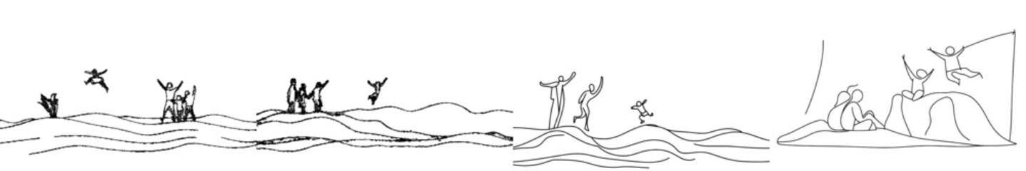 Aufkleber - In continuous line art drawing style, parents and kids hold hands while walking together in front of a white background. Modern illustration.