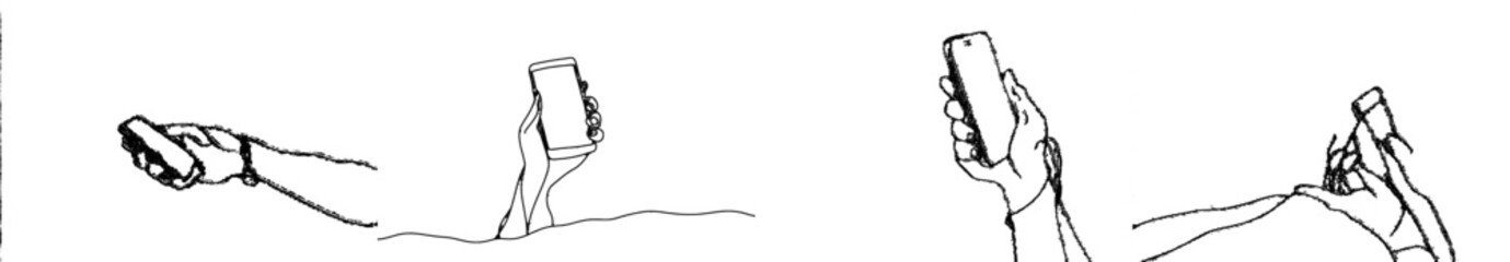Fototapete - The continuous line depicts gestures and touching the screen of a smartphone. Making online stories or streaming in social networks. Transaction on the Internet. Concept design for a gadget device.