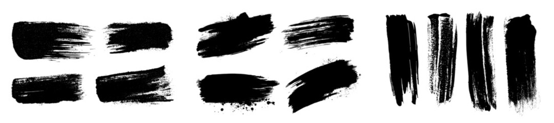 Aufkleber - Set of grungy black brush strokes isolated on white. Abstract ink texture, design elements. Set of black grungy hand painted brush strokes isolated on white.