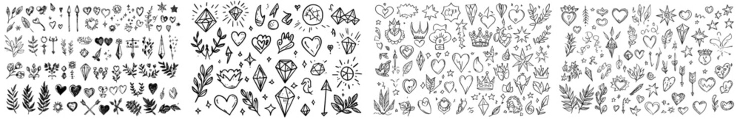 Aufkleber - Different crowns, hearts, stars, crystals, sparkles, arrows, lightnings, diamonds, signs and symbols. Hand drawn, doodle elements isolated on white.