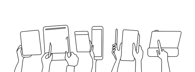 Fototapete - Modern monoline set of female hands using laptops, phones, and tablets.