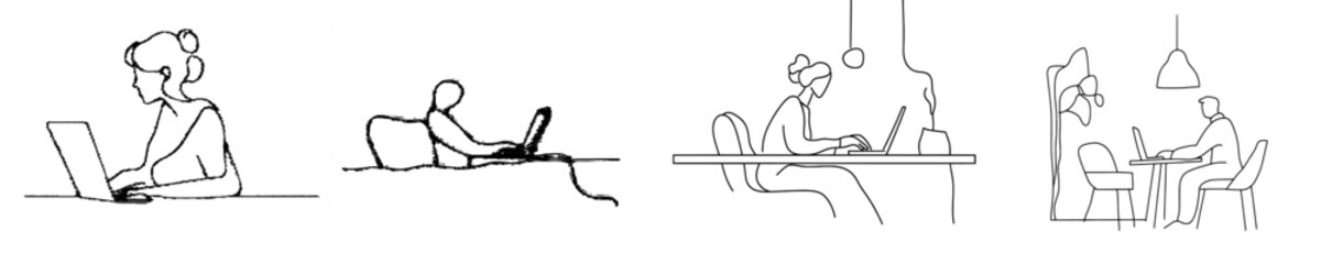 Leinwandbilder - An illustration of a man working on a laptop at a table in one line. Trendy one line design graphic modern illustration.