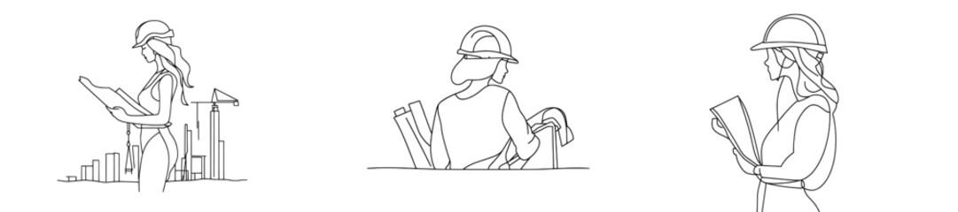 Poster - Continuity drawing of young female architect holding blueprint paper. Professional work job occupation. Modern graphic design minimalist concept.