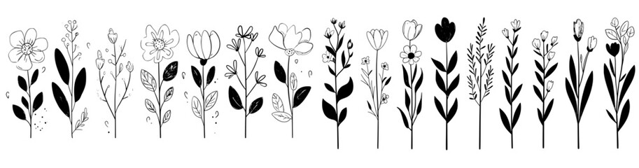 Fototapete - Spring floral bouquets with abstract shapes. Creative drawing set. Trendy stylized blooms. Isolated hand-drawn graphic modern illustrations.