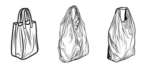 Fototapete - The sketch of a plastic shopping bag is isolated. A hand-drawn package is sketched.