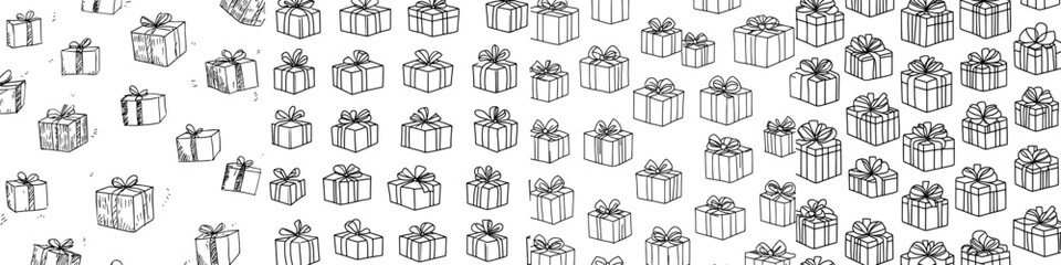 Poster - Hand drawn illustration of a gift box with different bows. Seamless pattern.