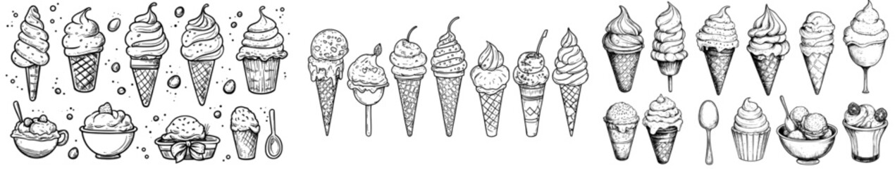 Aufkleber - An outline set of icons featuring ice cream with soft creamy balls in a cup and a waffle cone. A handdrawn illustration of chocolate and vanilla ice cream sundae with a black line background.