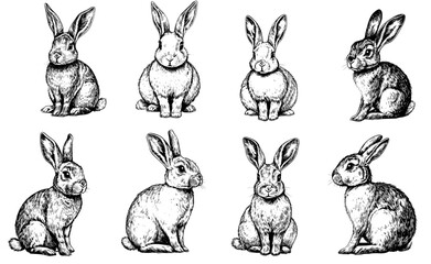 Poster - Wild bunny sketch, vintage engraving, retro etching, rabbits sitting in a chair, vintage sitting bunnies, cute sitting bunnies.