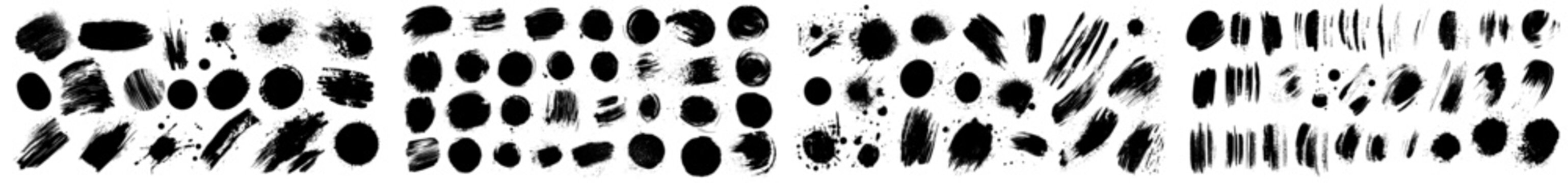 Brush strokes mega collection with black ink paint spots. Grunge artistic paint blobs as highlights. Abstract line, stains shapes, scribble circle design element.