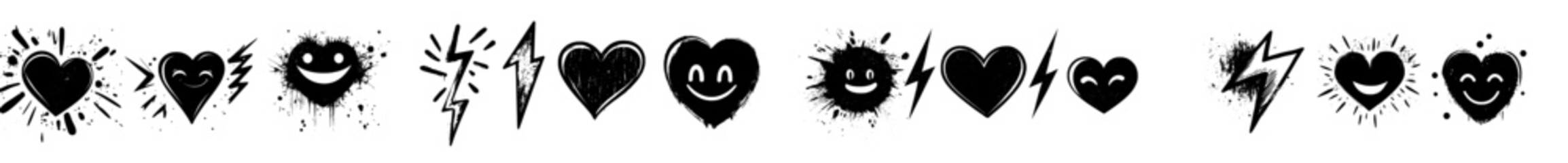 Aufkleber - Modern graffiti symbols set. Lightning, heart, and smile spray paint elements. Street art style illustration.