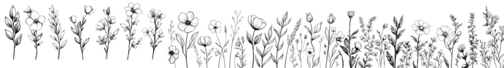 Poster - Set of modern plants with clover and flowers on isolated background. Hand drawn in monochrome black and white colors with outline branches for icons.