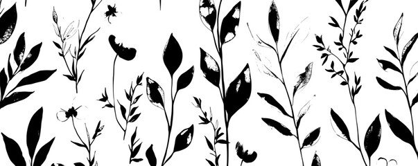 Leinwandbilder - Natural seamless pattern with wild flowers. Brush-drawn abstract flowers with dry brush texture. Black and white botanical wall mural. Chamomile, daisy, chrysanthemums.