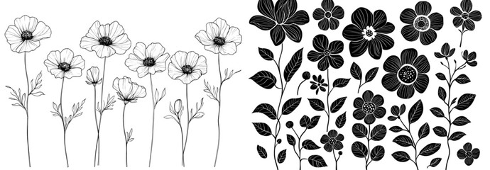 Aufkleber - Black and white modern botanical illustration of chamomiles. Childish ink drawing of flowers and leaves. Abstract blossom with stems.