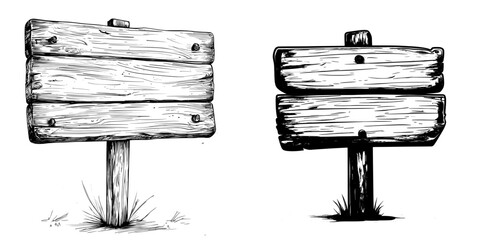 Fototapete - Old wooden signpost isolated on white with arrows in monochrome color outline.