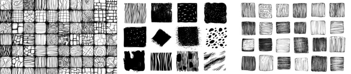 Leinwandbilder - In this collection are hatching squares, doodle geometric frame with crosshatch scratches, messy monochrome scratch drawing technique, paper draft artistic design, isolated on a white background.