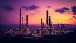 © savittree - A sprawling refinery illuminated by golden lights at dusk, silhouetted against a deep purple sky, evoking the power of industry.