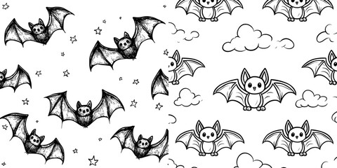 Poster - Halloween theme with a seamless monochrome pattern with flying and hanging bats.