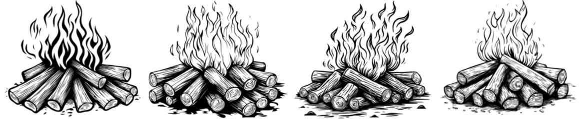 Fototapete - Image of an isolated camp fire on a white background. Monochrome. Stock image.