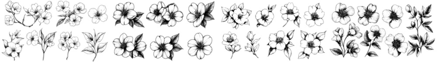 Poster - Spring cherry flowers with buds and petals. Sketch-style illustration isolated on white.