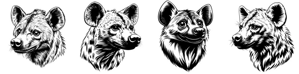 Wall Mural - Object isolated from other objects: Hyena head and portrait. Vintage engraving black and white modern illustration. Logo, emblem, woodcut.