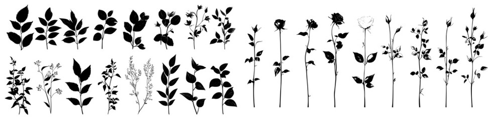 Aufkleber - Modern black silhouette with flower, leaves, and branch. Elegant art for decoration. Hand-drawn monochrome botanical illustration for backgrounds, wedding cards, polygraphs, logos, tattoos, and more.