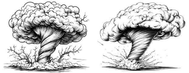 Aufkleber - Modern tornado line icons set. Spiral twisters and hurricanes with speed whirls and funnels. Severe tornadoes in nature.