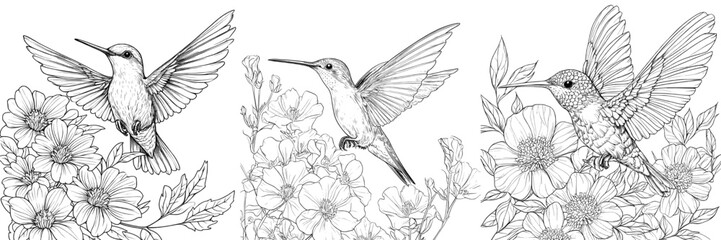 Wall Mural - An illustration with a hummingbird and flowers in a monochrome sketch