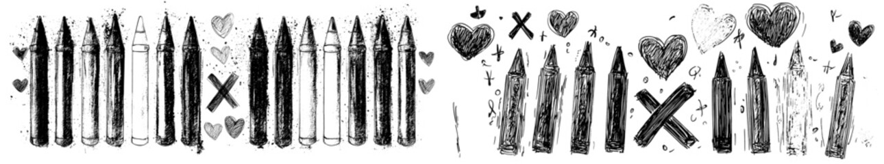 Poster - In pencil, underlines, crosses out, and hearts. Scribbles with paint. Kids doodle with brushes.