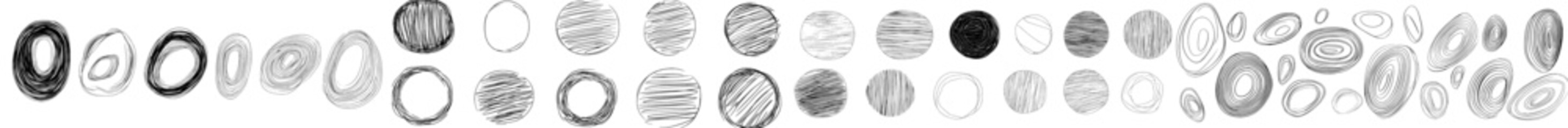 Poster - Doodled circles. Brush marker ovals. Horizontal ellipses. Round scrawl frames. A modern illustration of freehand painted circular notes.