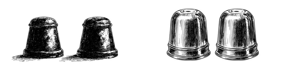 Wall Mural - Colored and monochrome sketches of thimbles. Handmade, sewing equipment concept done in vintage doodle style. Engraving style.