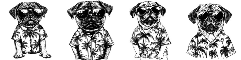 Leinwandbilder - Icon of a pug in a vacation shirt and sunglasses