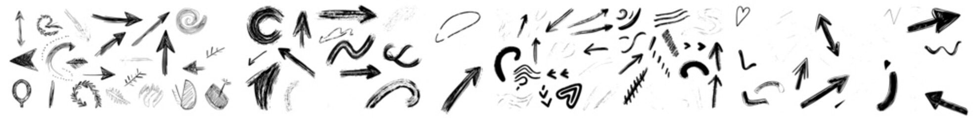 Aufkleber - Set of black hand-drawn spiral and curved charcoal, chalk arrow symbols on white background. Ideal for infographic design.