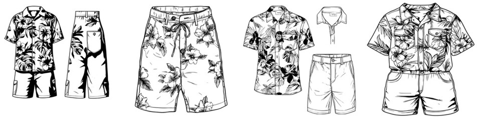 Shorts and shirt in Hawaiian floral pattern in monochrome. Summer men's clothing for beach holidays. Simple minimalistic modern in black ink drawing on transparent background.