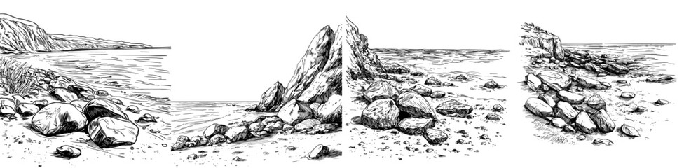 Poster - The summer beach is illustrated in ink. Stone and rock texture drawing. Landscape illustration in minimal style.