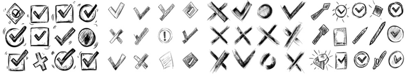 Aufkleber - Symbol of check marks drawn in a handwritten style. Transparent background. Cross, circles, arrows sign.