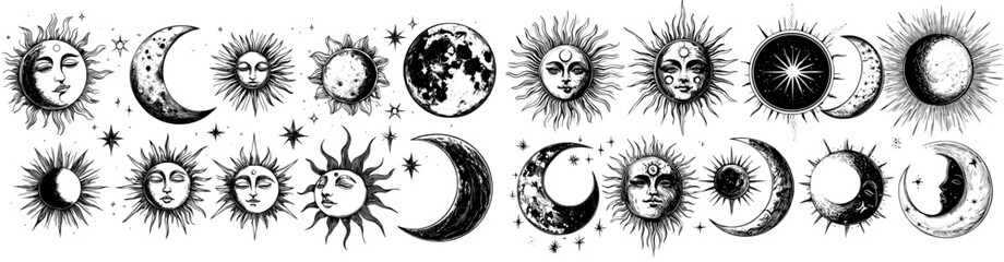 Poster - Black monochrome symbols isolated on white background. Sun moon face eye boho ray lines crescent solar signs.