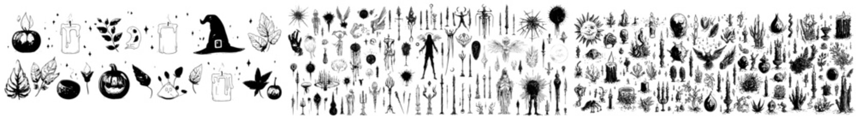 Poster - Isolated astral symbols in black and white. Burning candles, stones, minerals, hands, wrists, fingers, rose, sun, moon.