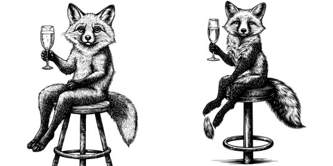 Vintage retro illustration of a cute fox drinking sparkling wine. Black and white.